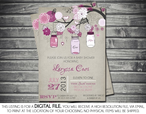 Girls Baby Shower Invitation - Mason Jar, Purple, Gray, Brown, Printable, Digital Il_570xn