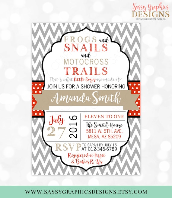Frogs Snails and Puppy Dog Tails Baby Shower Invitation Boy Baby Invite Chevron Gray Red Black DIY Printable Invite PDF (#144) Il_570xn