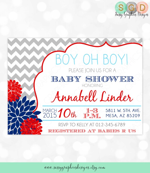 Baby Boy Shower Invitation - Baby Boy Chevron Red Navy Blue Gray Oh Baby It's A Boy DIY Printable Invite PDF (Item #23) Il_570xn