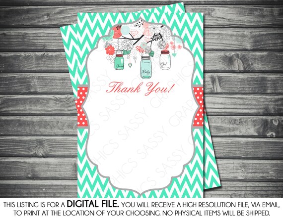 Instant Download Girls Baby Shower Thank You Card - Chevron, Polka Dots, Mason Jars, Mint, Coral, Printable, Digital Il_570xn