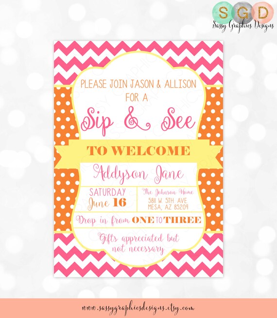 Sip and See Baby Shower Invitation - Baby Girl Invitation Pink Orange Yellow Chevron Polka Dot Invite DIY Printable Invite PDF (Item #45) Il_570xn