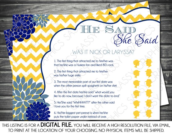 He Said She Said Bridal Shower Game - Chevron, Mums, Navy Blue, Yellow, Printable, Digital Il_570xn