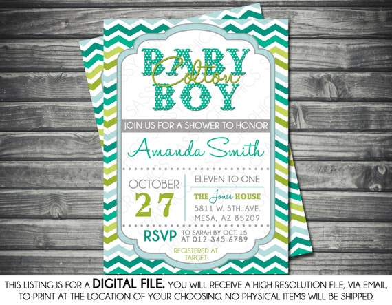 Boys Baby Shower Invitation - Modern, Baby Boy, Chevron, Blue, Teal, Green, Printable, Digital Il_570xn