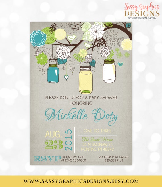 Mason Jars Baby Shower Invitation Gender Neutral Teal Green Yellow Floral Rustic Shabby Chic Mason Jars DIY Printable Invite PDF (#124) Il_570xn