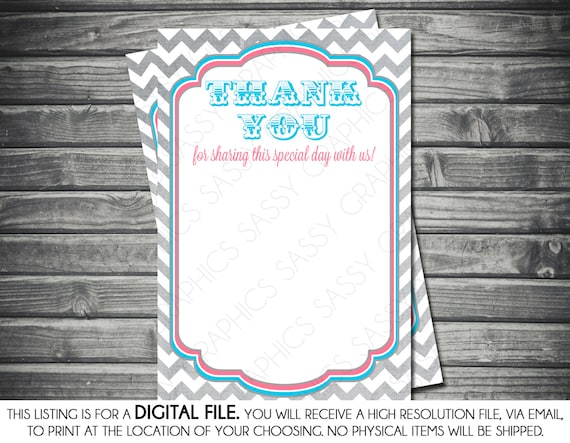 Gender Reveal Thank You Card - Pink, Blue, Chevron, Printable, Digital Il_570xn