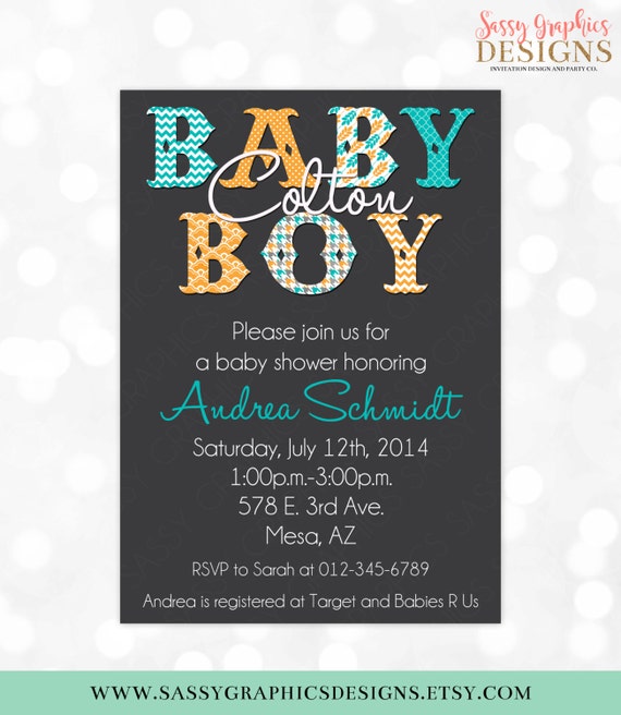 Boy Baby Shower Invitation - Baby Boy Teal Orange Chevron Polka Dot Floral Houndstooth Typography DIY Printable Invite PDF (Item #5) Il_570xn