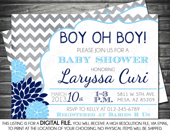Boys Baby Shower Invitation - Modern, Chevron, Navy, Light Blue, Mums, Printable, Digital Il_570xn
