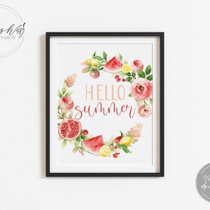 May include: A watercolor print with a wreath of flowers, lemons, and watermelon slices. The text "HELLO summer" is in the center of the wreath.