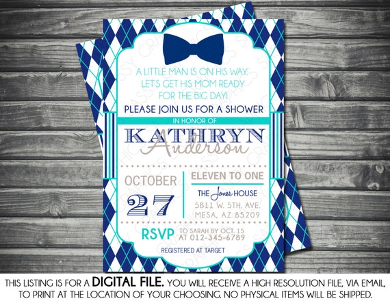Boys Baby Shower Invitation - Little Man, Modern, Bow Tie, Argyle, Navy, Teal, Printable, Digital Il_570xn