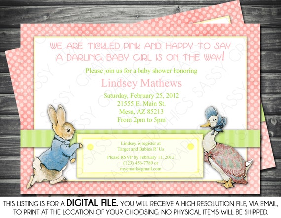 Girl Baby Shower Invitation - Peter Rabbit Theme, Pink, Polka Dots, Printable, Digital Il_570xn