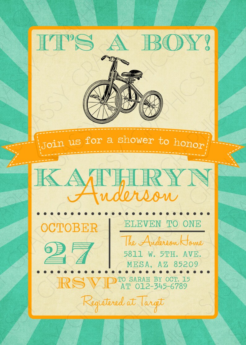 Boys Baby Shower Invitation Tricycle Vintage Teal Orange Etsy