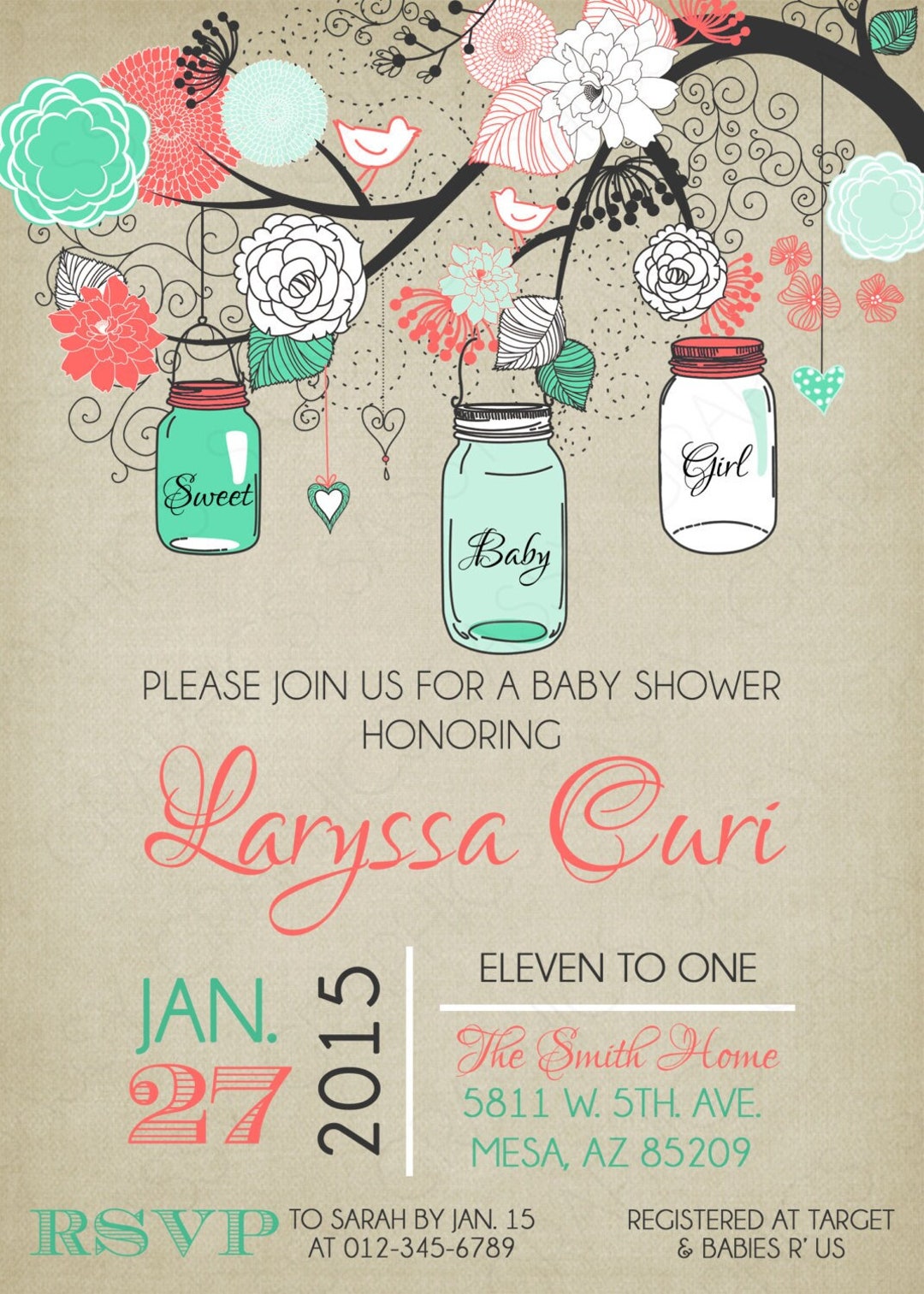 Mason Jars Baby Shower Invitation - Baby Girl Coral Mint Floral Rustic ...