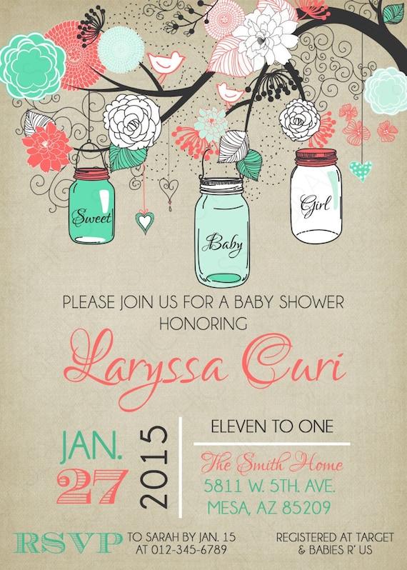Mason Jars Baby Shower Invitation - Baby Girl Coral Mint Floral Rustic Shabby Chic Burlap Mason Jar DIY Printable Invite PDF (Item #124) Il_570xn