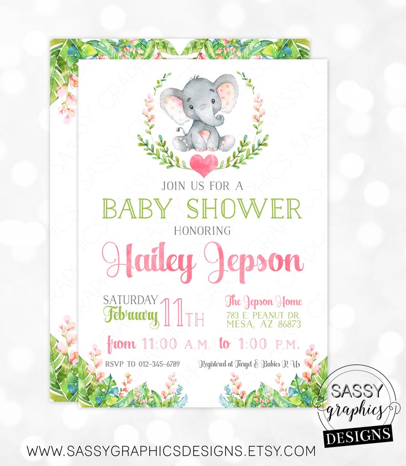 Elephant Girl Baby Shower Invitation Baby Girl Invite Etsy