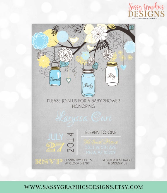 Mason Jars Baby Shower Invitation - Baby Boy Invite Blue Yellow Floral Rustic Shabby Chic Burlap Mason Jar DIY Printable Invite PDF (#153) Il_570xn