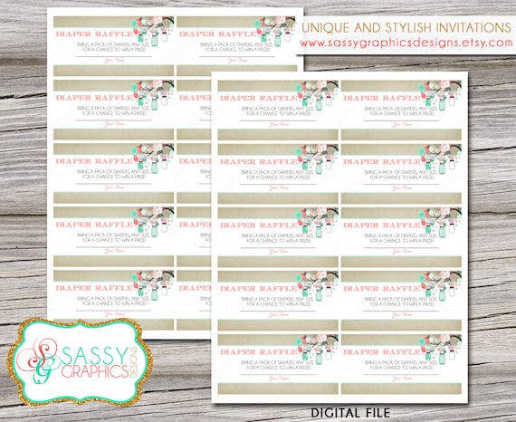 Diaper raffle tickets for baby shower with mason jars and flowers in mint, coral, and tan. Instant download, printable, digital file (#7) Il_570xn