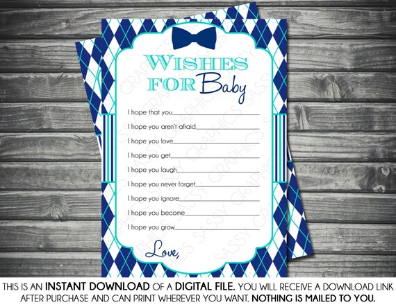 Instant Download Boy Wishes for Baby Card - Little Man, Argyle, Navy Blue, Teal, Printable, Digital Il_570xn