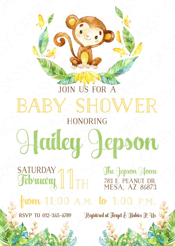 Monkey Boy Baby Shower Invitation Baby Boy Invite Watercolor Monkey Baby Shower Invite Tropical Floral DIY Printable Invite PDF Baby Monkey Il_570xn