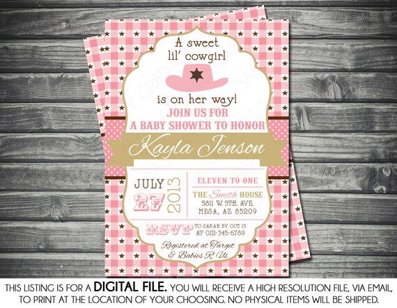 Girls Baby Shower Invitation - Cowgirl, Baby Girl, Pink, Brown, Polka Dots, Stars, Printable, Digital Il_570xn