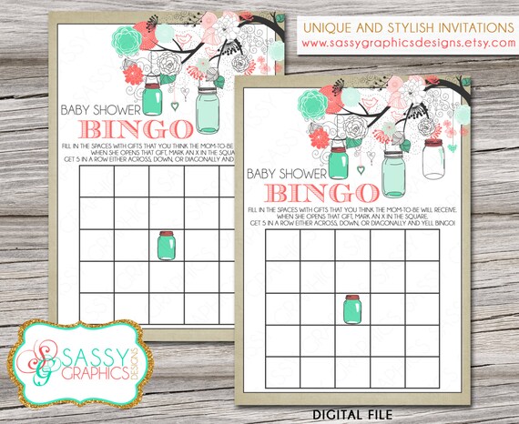 Bingo card for baby shower with mason jars and flowers in mint, coral, and tan. Instant download, printable, digital file (#31) Il_570xn