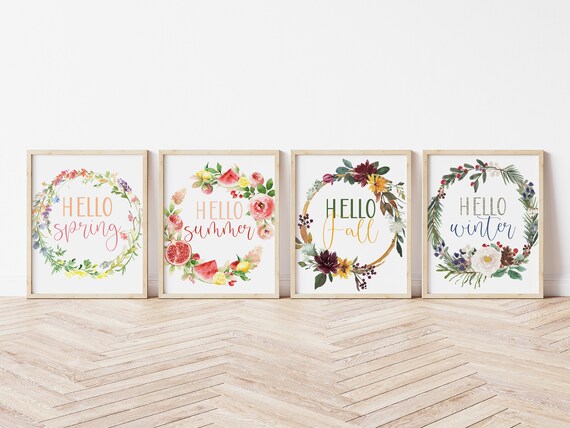 Hello Spring Print, Hello Summer Print, Hello Fall Print, Hello Winter Fall, Seasonal Home Decor, Seasonal Printable Bundle Il_570xn