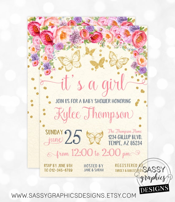 Butterfly Floral Girl Baby Shower Invitation Baby Girl Invite