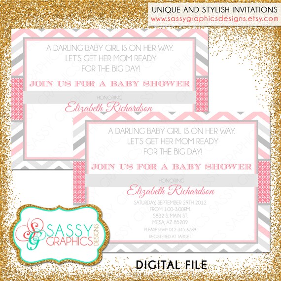 Girl Baby Shower Invite, Baby Shower invitation, digital invite, chevron shower invite, PDF invite, DIY invite, gray, pink (Item #21) Il_570xn