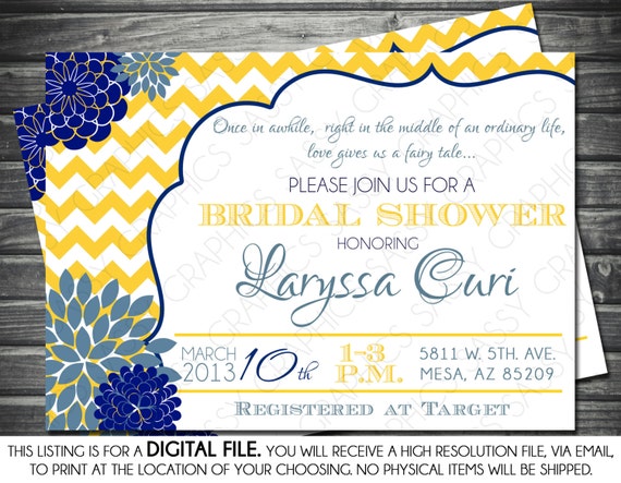 Bridal Shower Invitation - Chevron, Yellow, Navy Blue, Mums, Printable, Digital Il_570xn