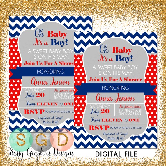Boy Baby Shower Invitation - Baby Boy Navy Blue Red Chevron Polka Dots It's A Boy DIY Printable Invite PDF (Item #121) Il_570xn