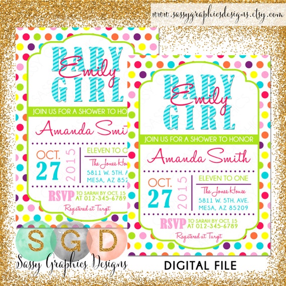 Girls Baby Shower Invitation - Polka Dot Shower Invitation Orange Yellow Pink Green Turquoise Printable, Digital (Item #57) Il_570xn