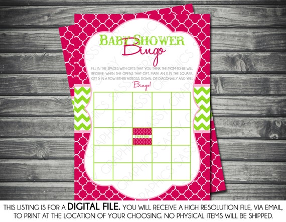 Modern Girl Baby Shower Bingo Card- Chevron, Pink, Green, Printable, Digital Il_570xn
