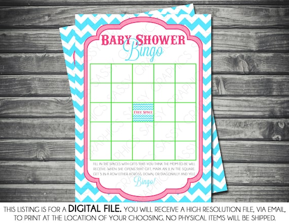 Girl Baby Shower Bingo Card- Chevron, Polka Dots, Pink, Turquoise, Green, Printable, Digital Il_570xn