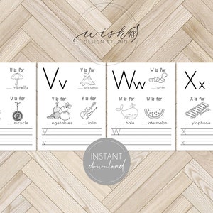 May include: Black and white printable alphabet flashcards for kids. Each card features a letter, a word starting with that letter, and two pictures of objects starting with that letter. The letters U, V, W, and X are shown.