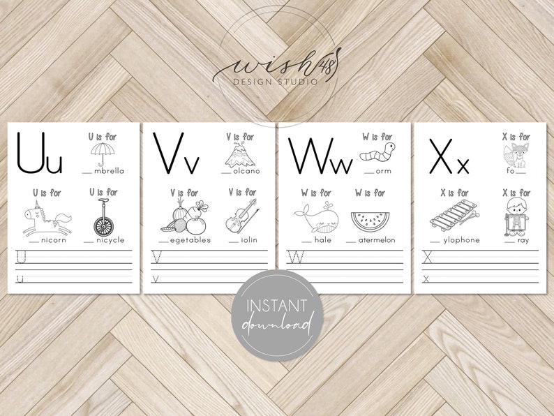 May include: Black and white printable alphabet flashcards for kids. Each card features a letter, a word starting with that letter, and two pictures of objects starting with that letter. The letters U, V, W, and X are shown.