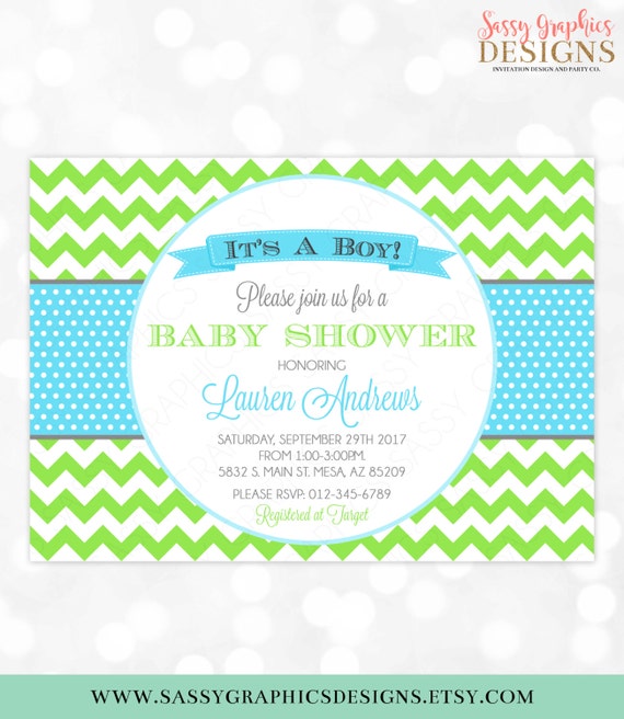 Baby Boy Shower Invitation - Baby Boy Chevron Stripes Polka Dots Green