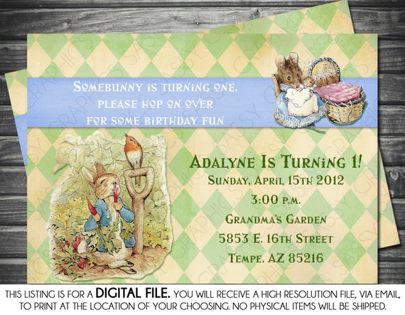Peter Rabbit Boy Birthday Invitation - Blue, Green, Argyle, Printable, Digital Il_570xn
