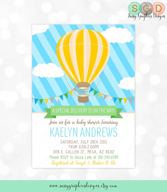 Hot Air Balloon Baby Shower Invitation - Baby Boy Blue Yellow Charming Whimsical Invitation DIY Printable Invite PDF (Item # 163) Il_570xn