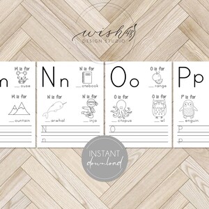 May include: Black and white printable alphabet chart for kids. The chart features the letters M, N, O, and P with corresponding pictures and words. The words are "mouse", "notebook", "orange", "pig", "monkey", "mountain", "narwhal", "ninja", "octopus", "owl", "penguin", and "pizza".