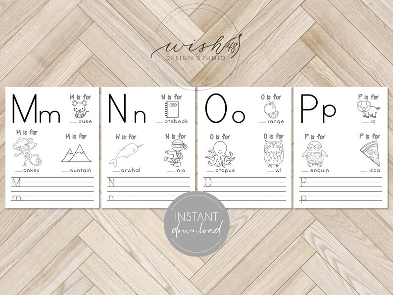 May include: Black and white printable alphabet chart for kids. The chart features the letters M, N, O, and P with corresponding pictures and words. The words are "mouse", "notebook", "orange", "pig", "monkey", "mountain", "narwhal", "ninja", "octopus", "owl", "penguin", and "pizza".