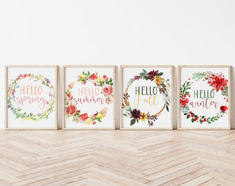 Hello Spring Print, Hello Summer Print, Hello Fall Print, Hello Winter Fall, Seasonal Home Decor, Seasonal Printable Bundle
