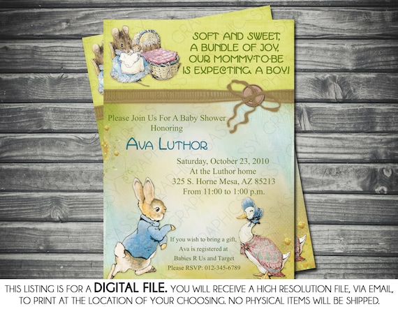 Boy Baby Shower Invitation - Peter Rabbit Theme, Vintage, Green, Brown, Printable, Digital Il_570xn