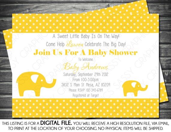 Gender Neutral Baby Shower Invitation Elephant Theme Yellow Gender Neutral Baby Shower Invitation Elephant Theme Yellow