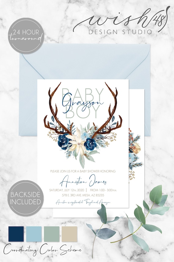 Boy Baby Shower Invitation, Watercolor Floral Invite, Baby Shower Invite, Editable Invitation, Printable Baby Shower Invite, Blue and Brown Il_570xn