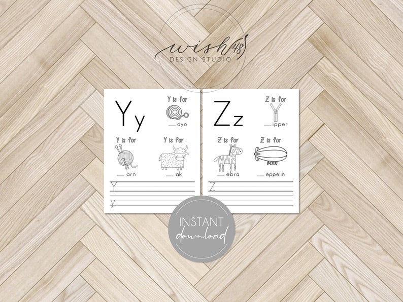 May include: Black and white printable alphabet chart for kids featuring the letters Y and Z. Each letter has a picture and a word that starts with that letter. The words are "yo-yo", "yarn", "yak", "zipper", "zebra", and "zeppelin".