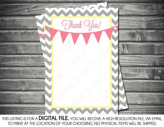 Girls Baby Shower Thank You Card - Pink, Yellow, Gray, Chevron, Banner, Printable, Digital Il_570xn