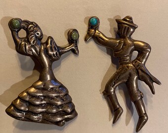 A Pair Of Latin Dancers . Pure Sterling Silver . Turquoise Stones . Flamenco/Salsa/Rhumba/Samba/Pasodoble