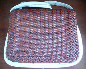 Vintage Authentic Giani Bernini White Leather and Brown Woven Leather Shoulder Bag