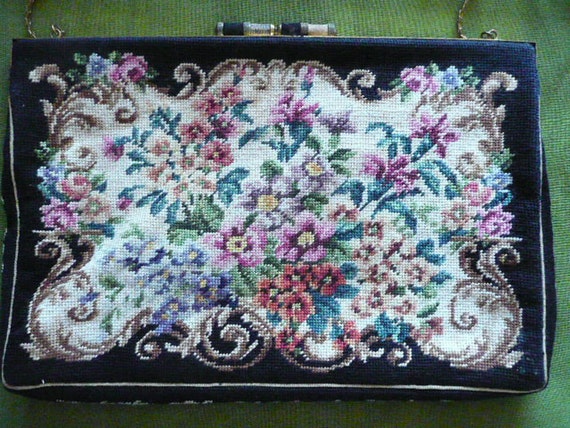 Gorgeous Antique Petit Point Purse Jolles Original Austria Colorful Blooms Mirror Excellent Coin Purse