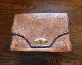 Reversible Hand Tooled Leather Purse . 1950s . Cowgirl Purse . Wallets Built in on Both Sides