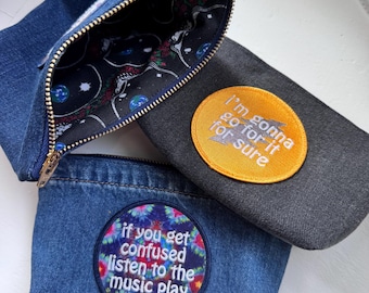 Denim pouch with Grateful Dead lyric patch